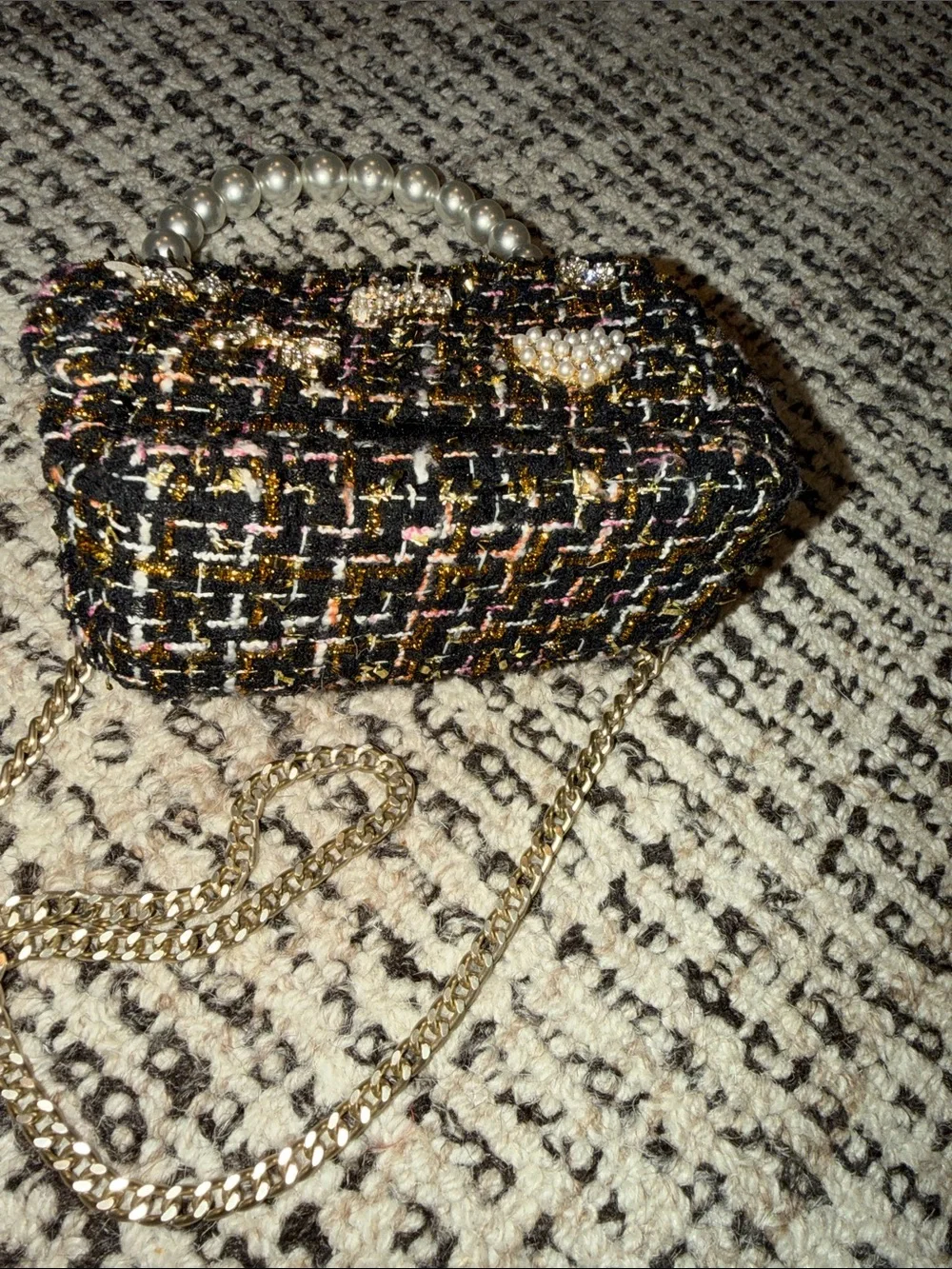 Black Multi Tweed Mini Bag with Pearl Handle